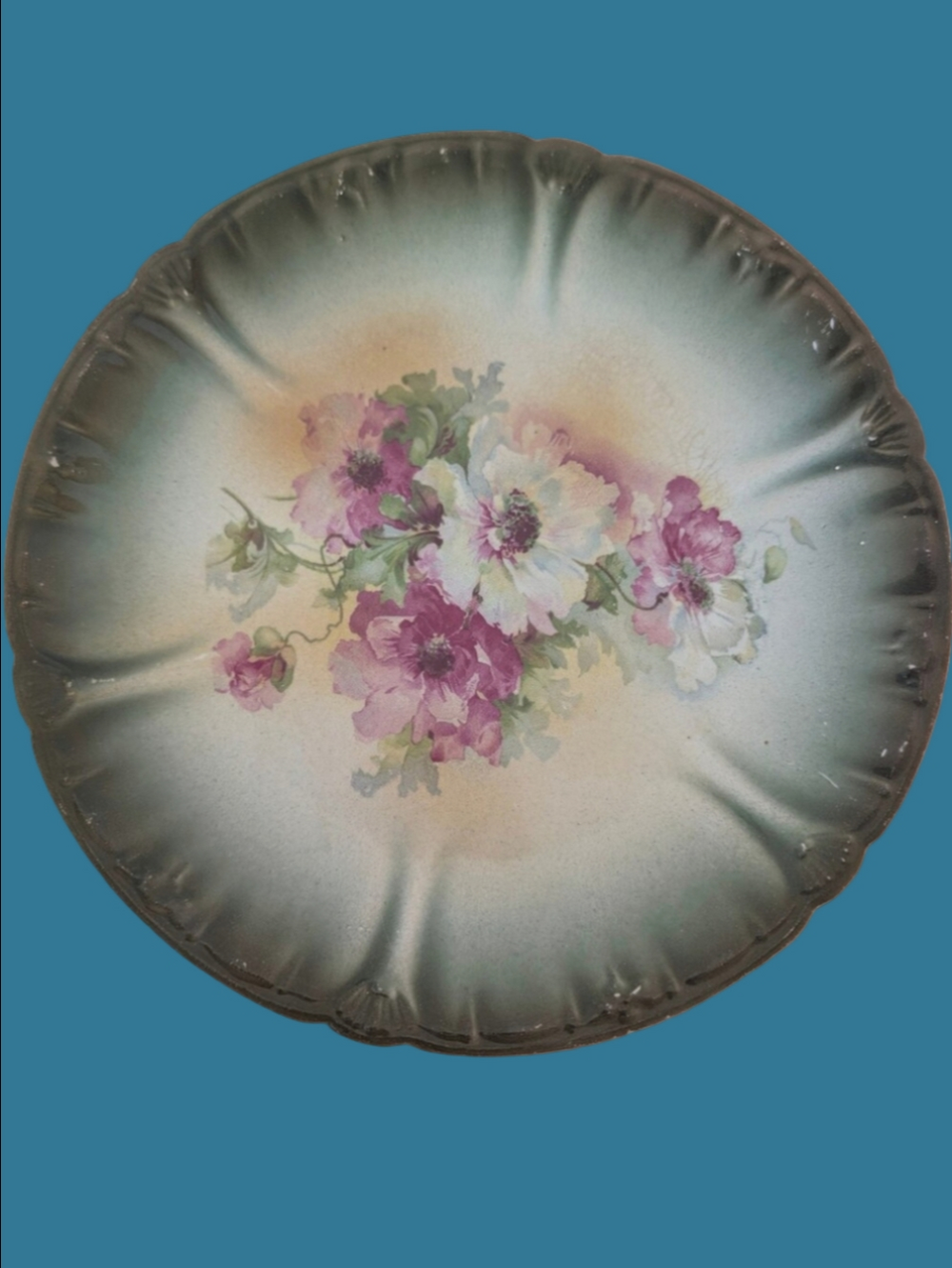 Vintage Plate Floral Ceramic  Plate in Green and Pink 1800s